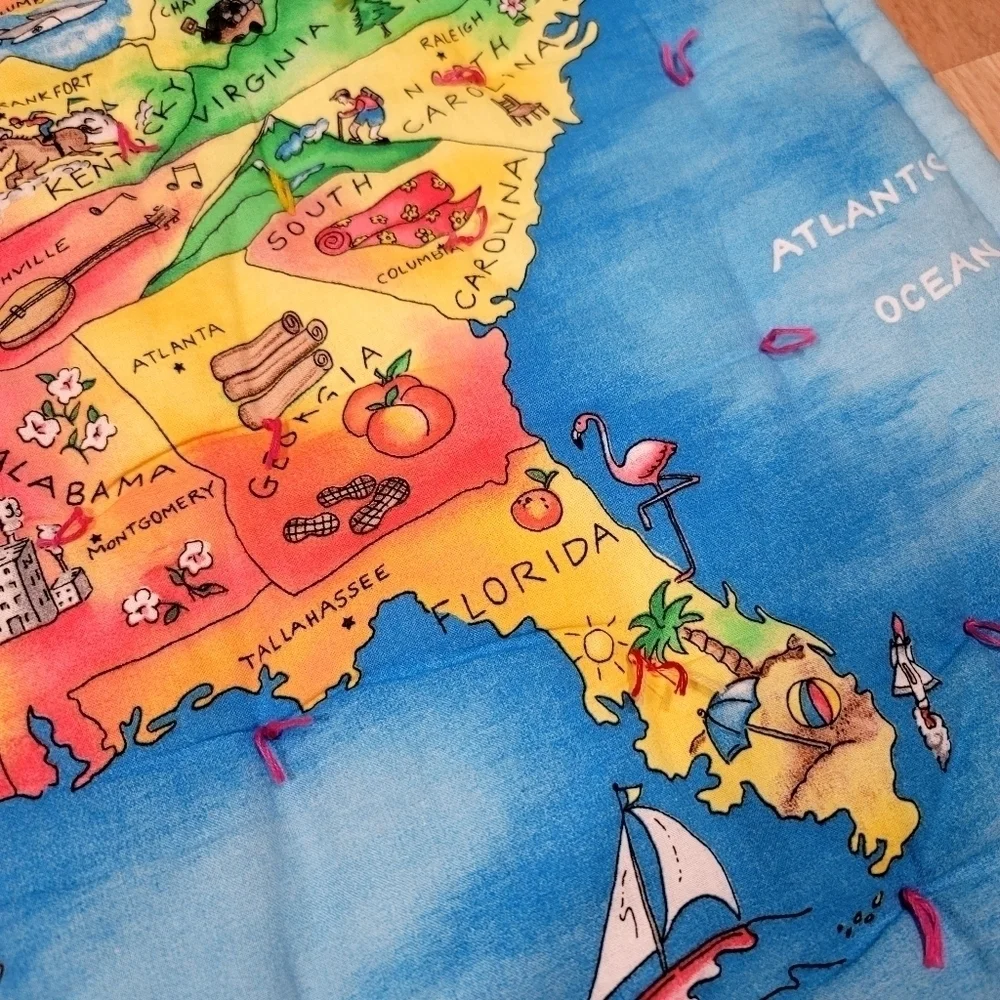 Vintage Handmade United States Map State Characteristics Quilt Floral Historical